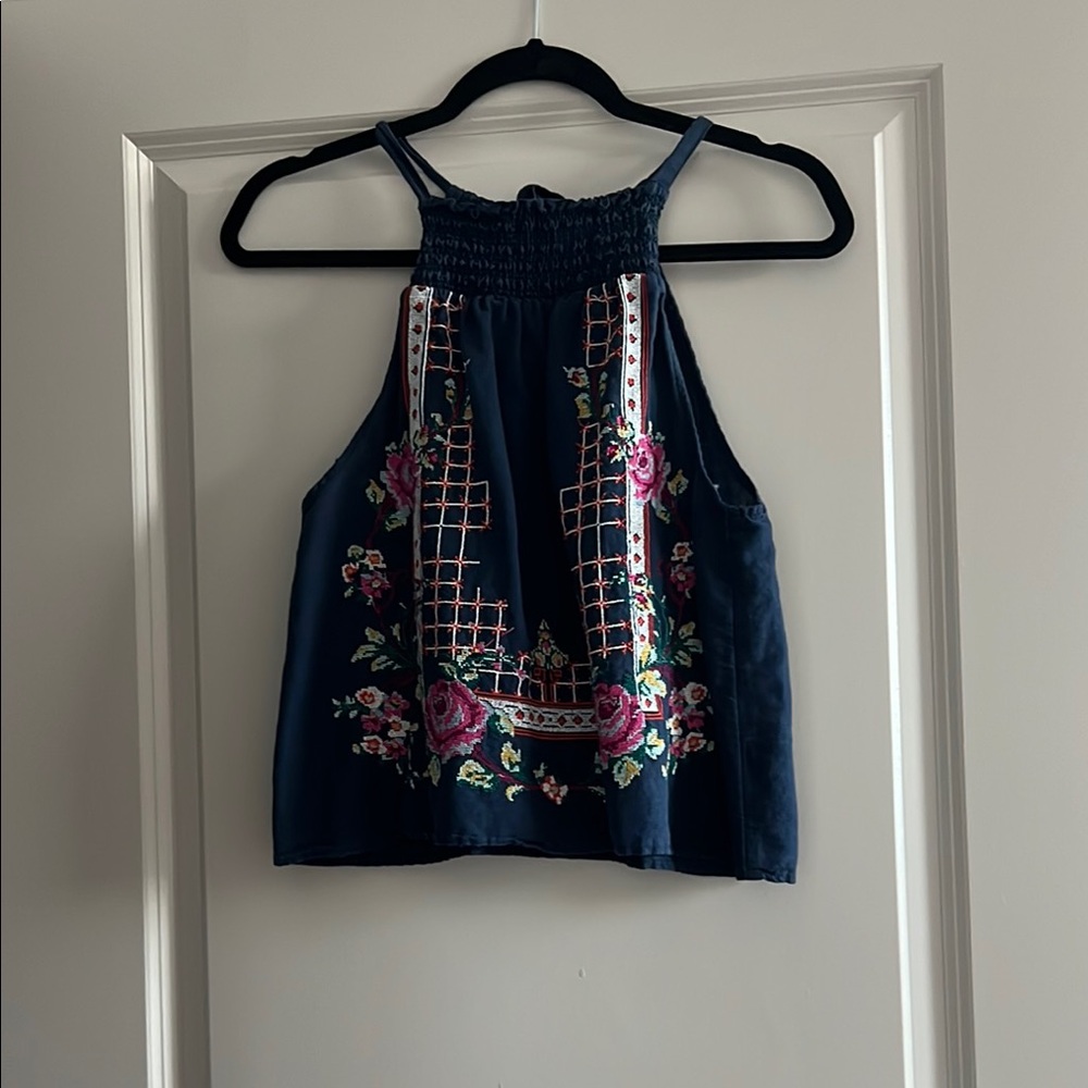 Free People Embroidered Floral Navy Top
